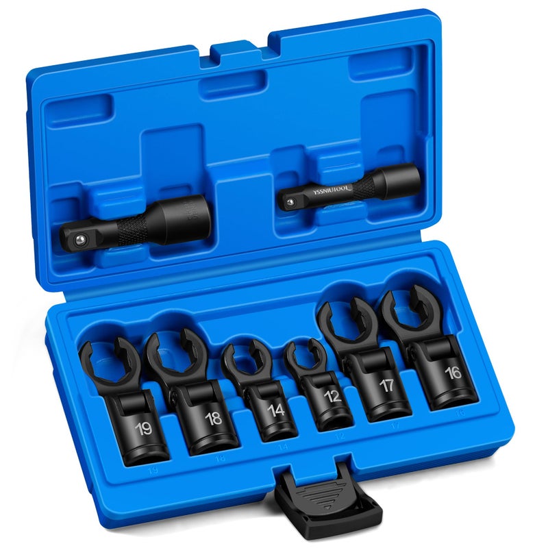 YSSNIUTOOL 8pc 38 and 12 Flex Head Crows Flare Nut Wrench Socket Foot Line Wrench kit Set Flex Injector Fuel Line Crowfoot Flare Nut Size 12 14 16 17 18 19 mm Extension Bar