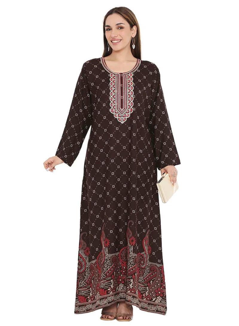 HANA & SARA LONG PRINTED VISCOSE WITH NECK EMBROIDERED ARABIC KAFTAN JALABIYA DRESS