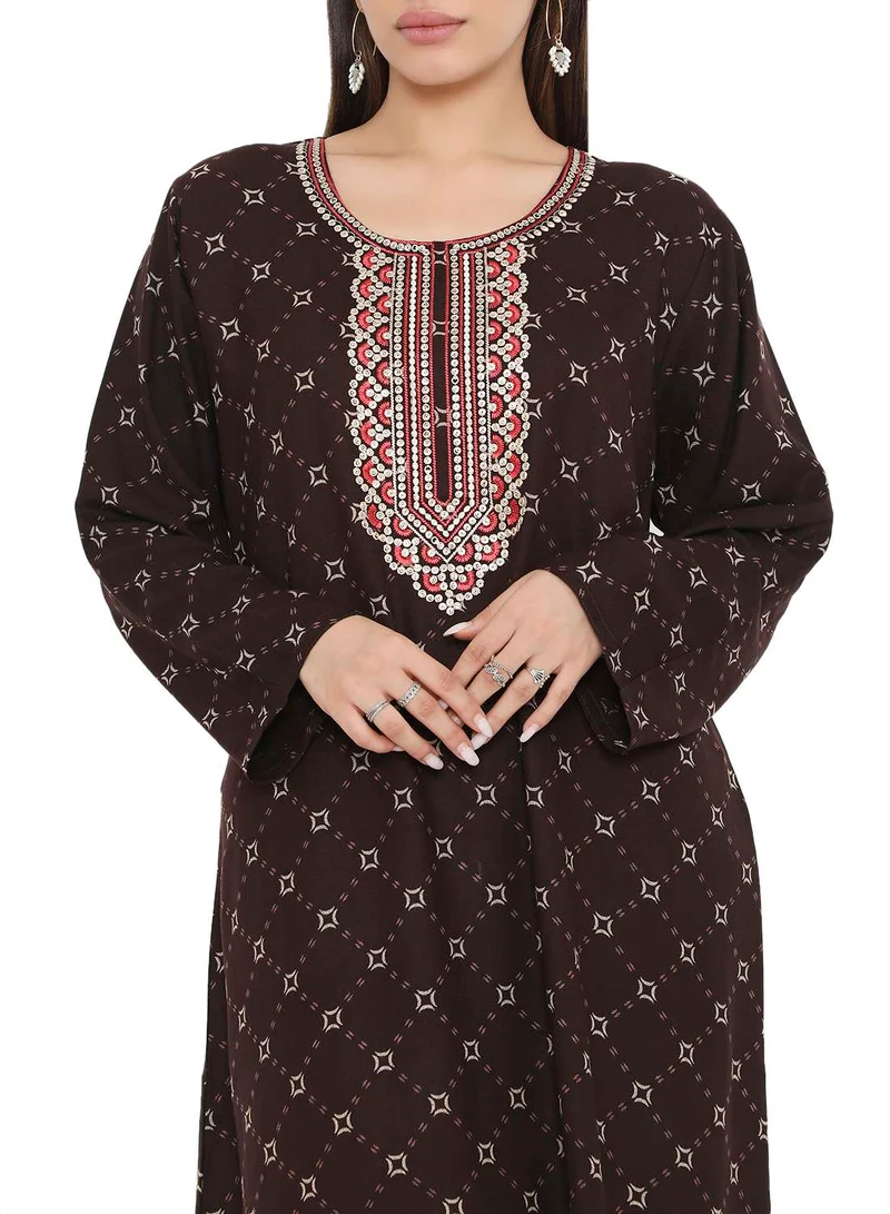 HANA & SARA LONG PRINTED VISCOSE WITH NECK EMBROIDERED ARABIC KAFTAN JALABIYA DRESS