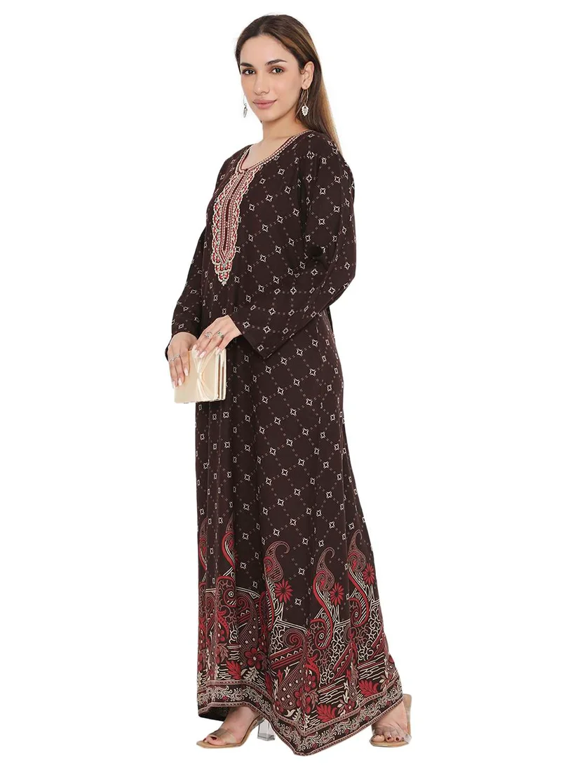 HANA & SARA LONG PRINTED VISCOSE WITH NECK EMBROIDERED ARABIC KAFTAN JALABIYA DRESS