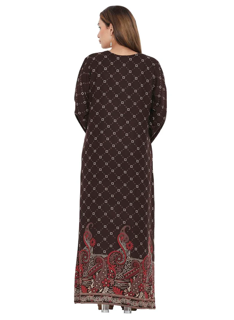 HANA & SARA LONG PRINTED VISCOSE WITH NECK EMBROIDERED ARABIC KAFTAN JALABIYA DRESS