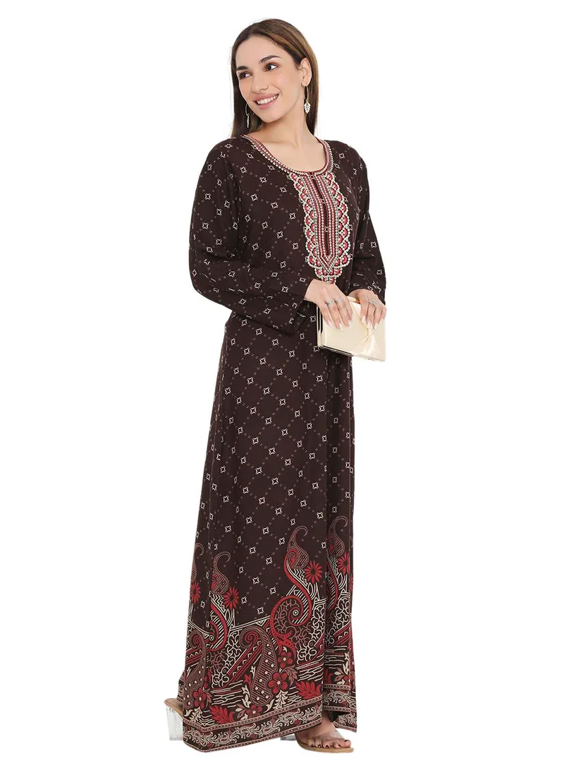 HANA & SARA LONG PRINTED VISCOSE WITH NECK EMBROIDERED ARABIC KAFTAN JALABIYA DRESS