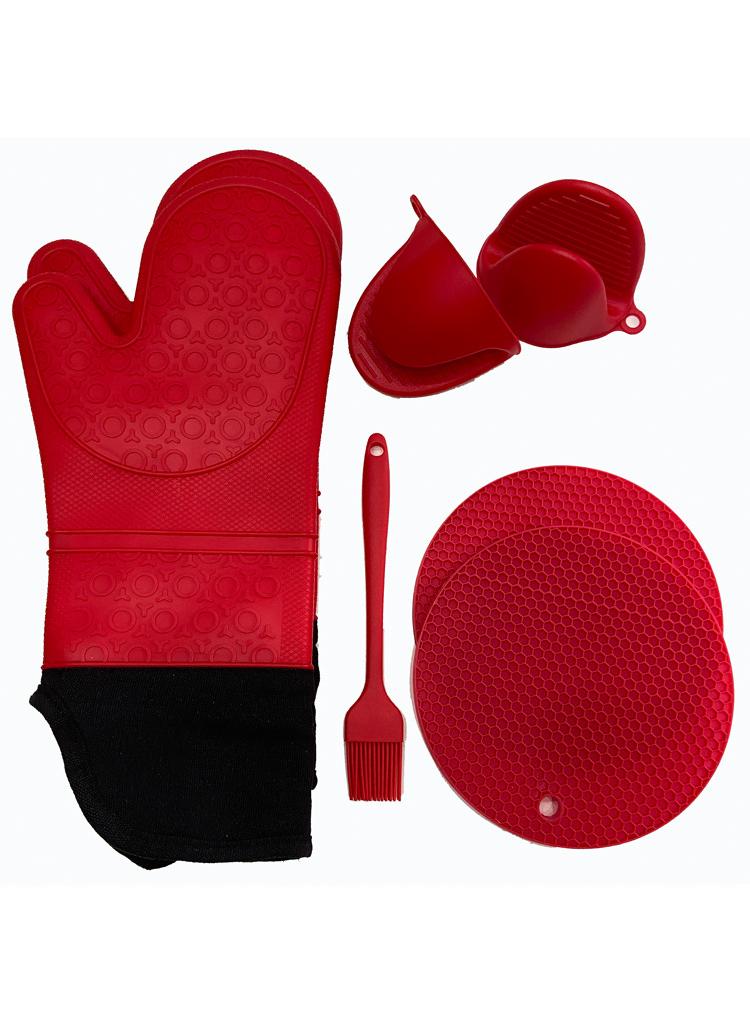 XiuWoo Silicone Oven Mitts and Pot Holders Set, Heat Resistant Mittens with Mini Gloves Hot Pads, for Kitchen Baking Cooking, Quilted Liner, Black,Pack of 7  - Image 1