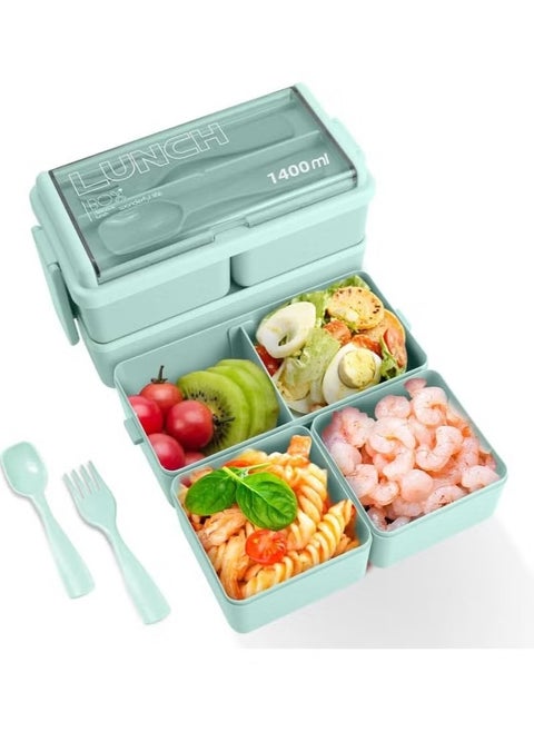 Double Stackable Bento Box for Kids, 3-Compartment Lunch Box with Food-safe Materials, 1400ML Leak-proof Lunch Container for Kids/Adults with Reusable Fork&Spoon