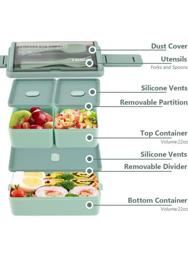 Double Stackable Bento Box for Kids, 3-Compartment Lunch Box with Food-safe Materials, 1400ML Leak-proof Lunch Container for Kids/Adults with Reusable Fork&Spoon