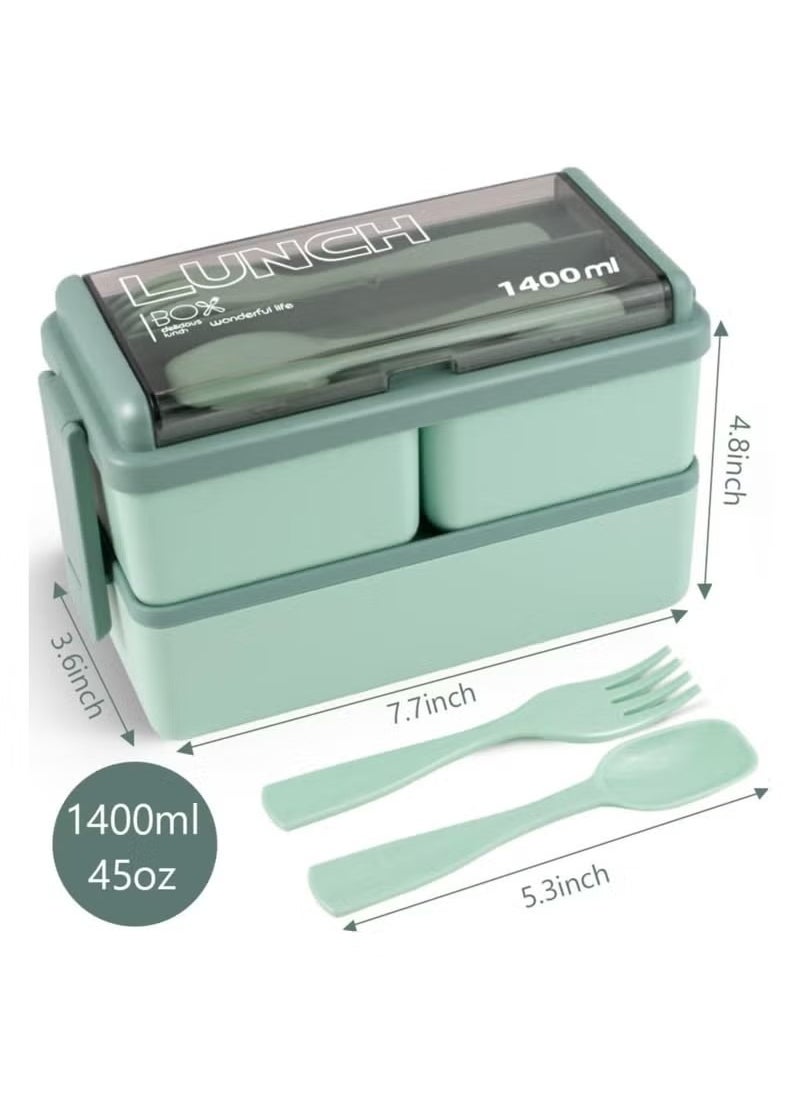 Double Stackable Bento Box for Kids, 3-Compartment Lunch Box with Food-safe Materials, 1400ML Leak-proof Lunch Container for Kids/Adults with Reusable Fork&Spoon