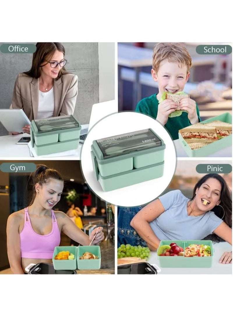 Double Stackable Bento Box for Kids, 3-Compartment Lunch Box with Food-safe Materials, 1400ML Leak-proof Lunch Container for Kids/Adults with Reusable Fork&Spoon