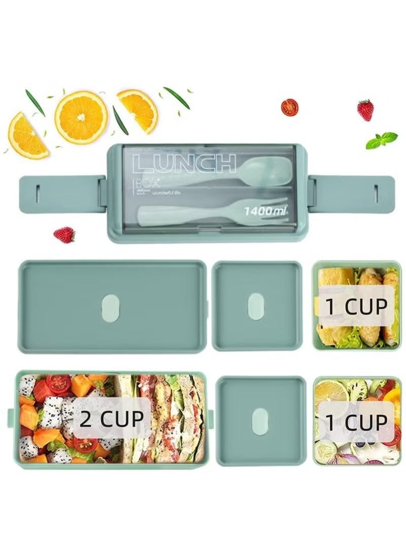 Double Stackable Bento Box for Kids, 3-Compartment Lunch Box with Food-safe Materials, 1400ML Leak-proof Lunch Container for Kids/Adults with Reusable Fork&Spoon