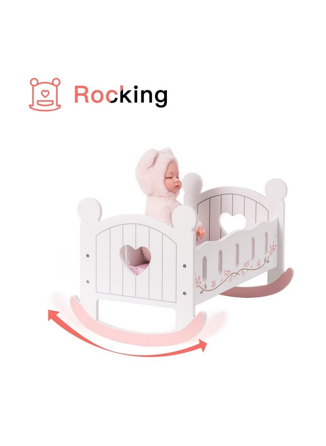 Robotime Wooden Play Doll Cradle Rocking Baby Doll Crib, Reversible Doll Bedding For Toddler Girl,Fits Dolls Up To 20 Inches (White)  - Image 3
