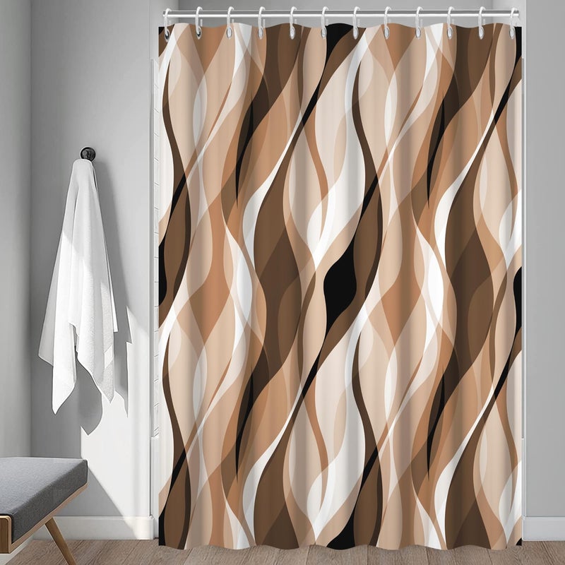 Ruelvth Brown Shower Curtain, Modern Abstract Grey and Brown Striped Shower Curtain Set for Bathroom Waterproof Tan Shower Curtain with Hooks, 72x72 Inch - Image 3