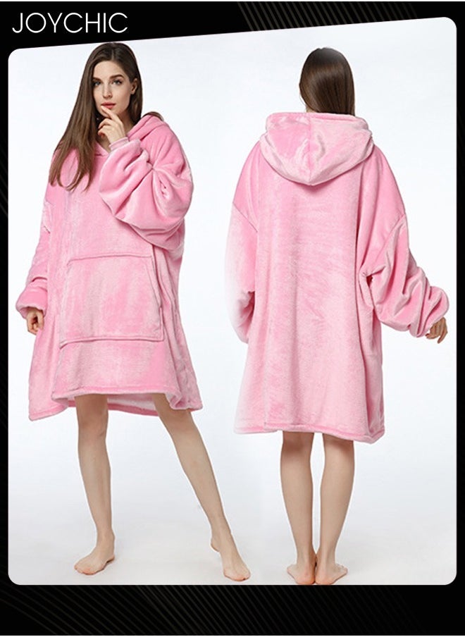 Joychic Solid Color Women Autumn and Winter Flannel Thickened Cold-proof Warm Hooded Pajamas Long-sleeved Comfortable Sleepwear with Front Pockets Pink One Size  - Image 1
