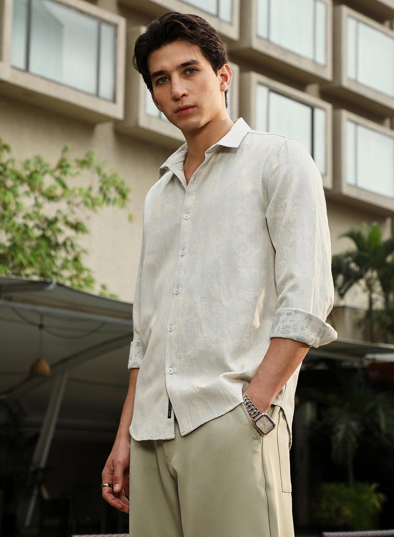 Campus Sutra Campus Sutra Men's Off-White Splash-Jacquard Shirt | Spread Collar , Long  Cuffed Sleeves , Button Closure | Abstract Jacquard | Cotton-Blend Shirt For Casual Wear  - Image 3
