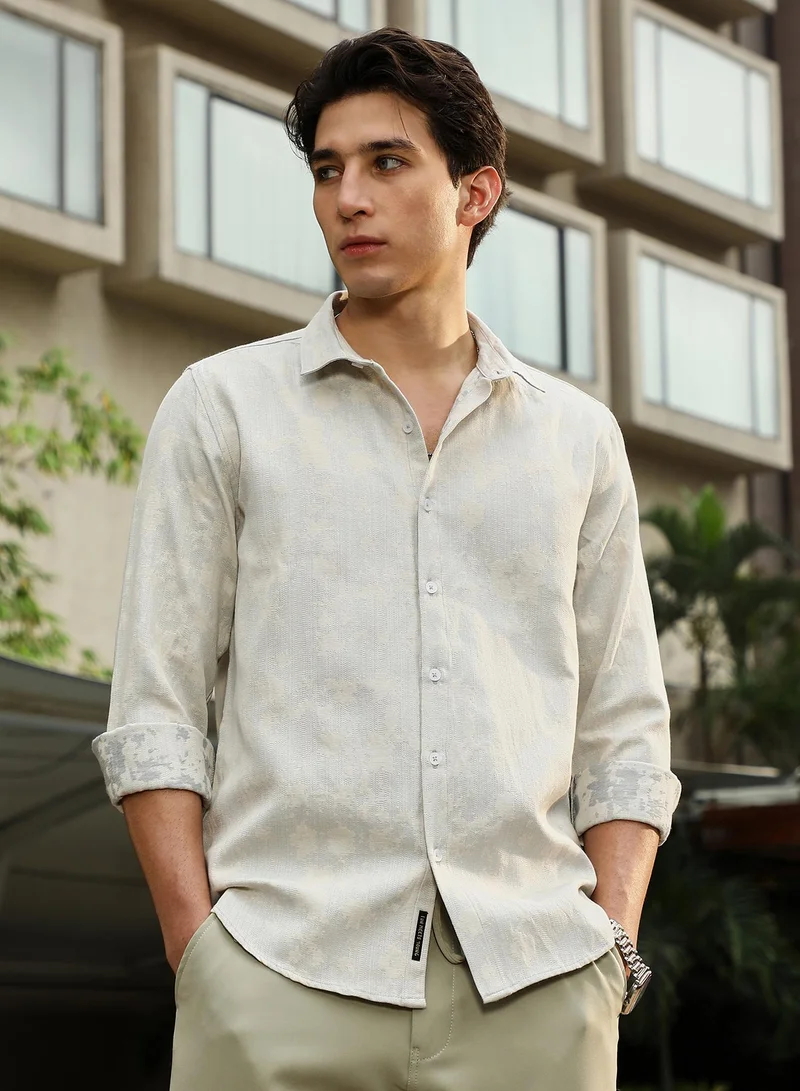 كامبوس سوترا Campus Sutra Men's Off-White Splash-Jacquard Shirt | Spread Collar , Long  Cuffed Sleeves , Button Closure | Abstract Jacquard | Cotton-Blend Shirt For Casual Wear