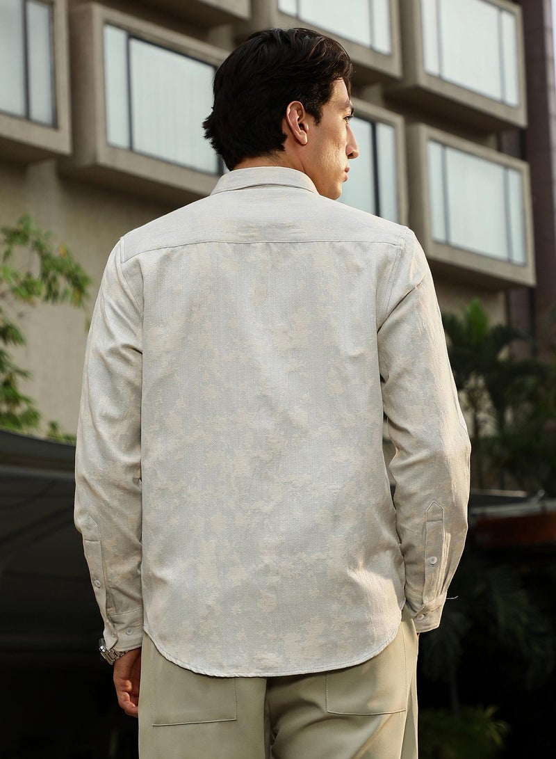 Campus Sutra Campus Sutra Men's Off-White Splash-Jacquard Shirt | Spread Collar , Long  Cuffed Sleeves , Button Closure | Abstract Jacquard | Cotton-Blend Shirt For Casual Wear  - Image 5
