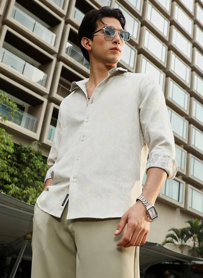 كامبوس سوترا Campus Sutra Men's Off-White Splash-Jacquard Shirt | Spread Collar , Long  Cuffed Sleeves , Button Closure | Abstract Jacquard | Cotton-Blend Shirt For Casual Wear