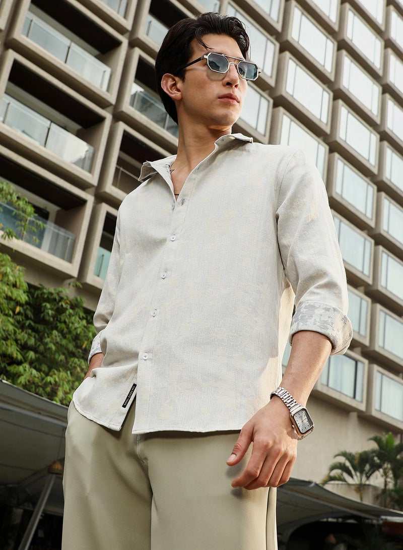 Campus Sutra Campus Sutra Men's Off-White Splash-Jacquard Shirt | Spread Collar , Long  Cuffed Sleeves , Button Closure | Abstract Jacquard | Cotton-Blend Shirt For Casual Wear  - Image 1