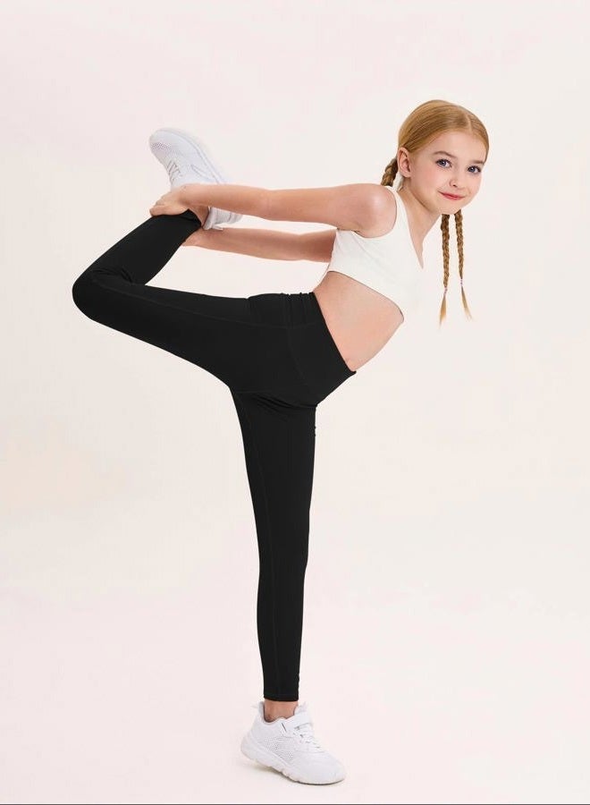 Haloumoning Girls Athletic Leggings Kids Workout High Waisted Stretchy Running Yoga Pants with Pockets 5-14 Years, Black, 11-12 Years - Image 2