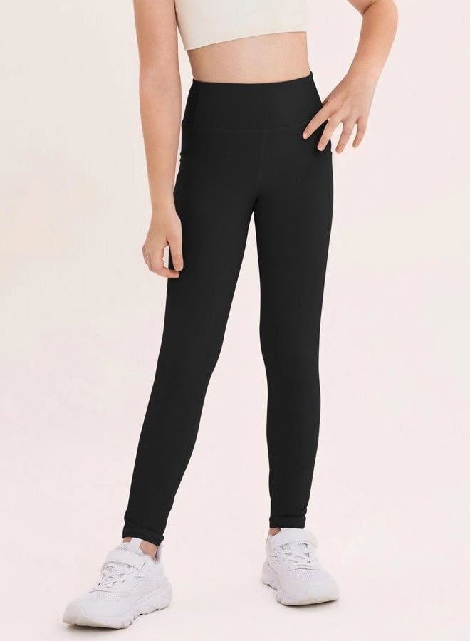 Haloumoning Girls Athletic Leggings Kids Workout High Waisted Stretchy Running Yoga Pants with Pockets 5-14 Years, Black, 11-12 Years - Image 4