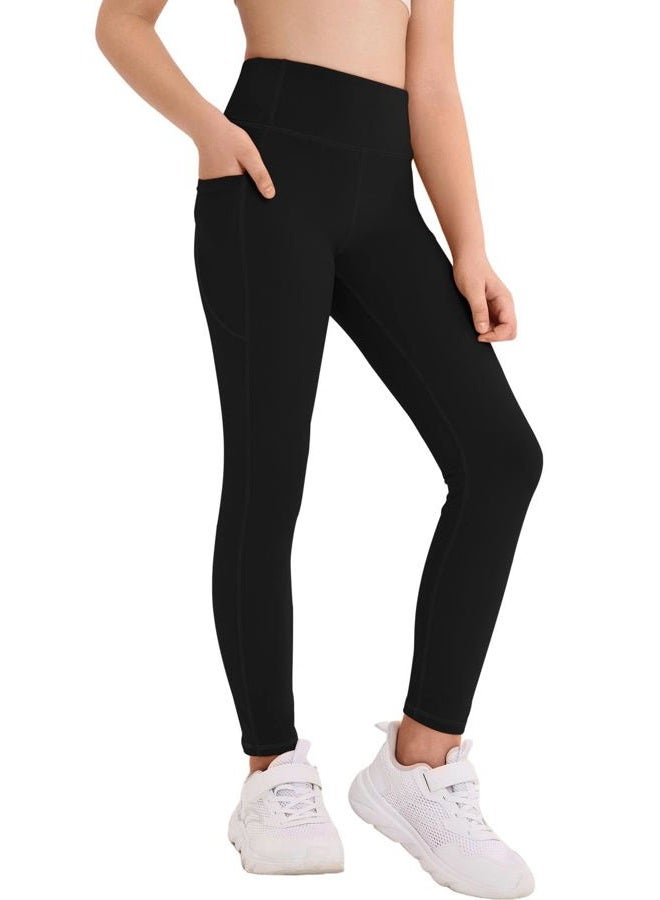 Haloumoning Girls Athletic Leggings Kids Workout High Waisted Stretchy Running Yoga Pants with Pockets 5-14 Years, Black, 11-12 Years - Image 1