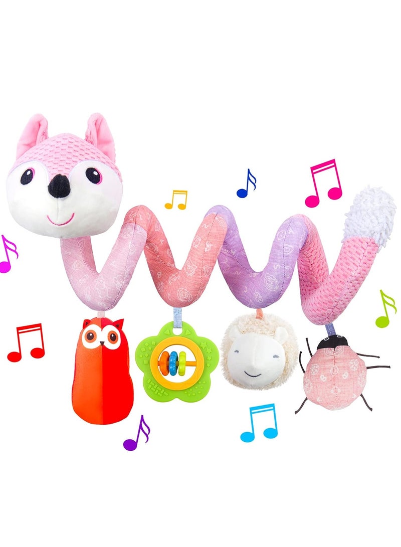 ORiTi Car Seat Toys, Infant Baby Pink Fox Spiral Activity Plush Hanging Toys for Car Seat Stroller Bar Crib Bassinet Mobile with Music Box BB Squeaker and Rattles  - Image 1