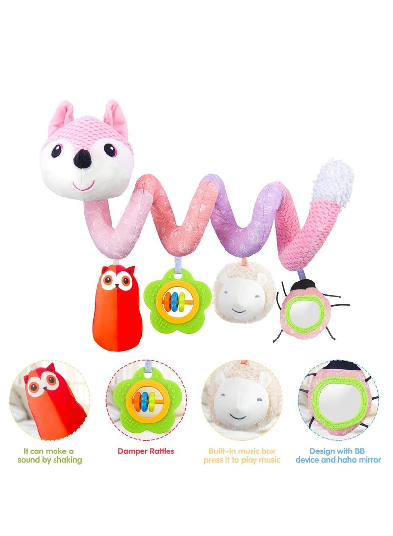 ORiTi Car Seat Toys, Infant Baby Pink Fox Spiral Activity Plush Hanging Toys for Car Seat Stroller Bar Crib Bassinet Mobile with Music Box BB Squeaker and Rattles  - Image 2