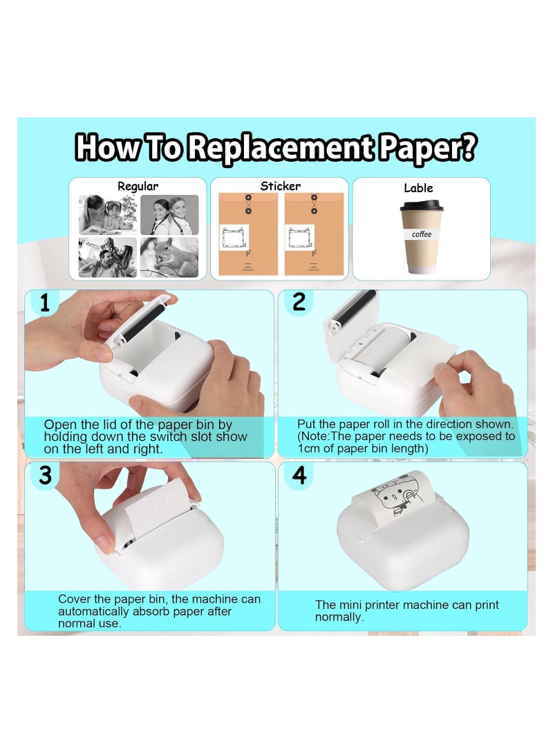 SOLARAE Mini Sticker Printer, with Rgb Light Pocket Inkless Thermal Printer Fit for Ios&Android, Bluetooth Smart Portable(with 5 Color Pens+5 Rolls of Printing Paper + 5 Rolls of Self-Adhesive Paper) - Image 3