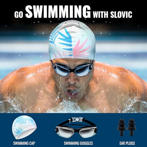 SLOVIC Swimming Goggles & Cap Combo | Anti-Fog Swimming Goggle for Men | Swimming Cap for Men | UV Protected Swimming Goggles for Women with Adjustable Straps | Swim Accessories [Black+White] - Image 2