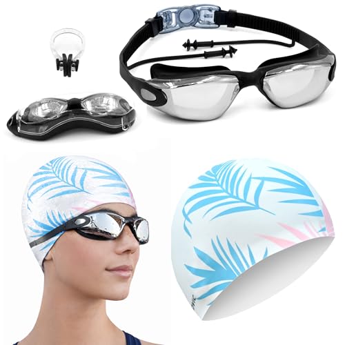 SLOVIC Swimming Goggles & Cap Combo | Anti-Fog Swimming Goggle for Men | Swimming Cap for Men | UV Protected Swimming Goggles for Women with Adjustable Straps | Swim Accessories [Black+White] - Image 1