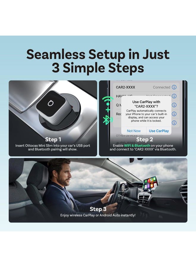 Ottocast Mini Slim 2025 Upgrade, 2-in-1 Wireless CarPlay & Android Car Adapter with Type-A/C for iOS 10+ & Android 11+ Smartphones, Multi-User Support, Plug & Play Conversion from Cable to Wireless - Image 3