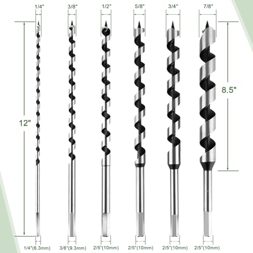 TRESSON 6Pcs Long Auger Drill Bit Set for Wood,Fast Drilling, Carbon Steel Extra Long Bit, Multi-Size 1/4", 3/8", 1/2", 5/8", 3/4", 7/8" Hex Shank Auger Drill, Suitable for Hard and Soft Wood - Image 2
