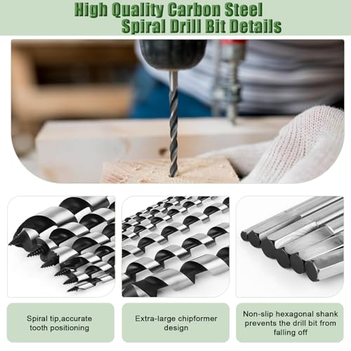 TRESSON 6Pcs Long Auger Drill Bit Set for Wood,Fast Drilling, Carbon Steel Extra Long Bit, Multi-Size 1/4", 3/8", 1/2", 5/8", 3/4", 7/8" Hex Shank Auger Drill, Suitable for Hard and Soft Wood - Image 3