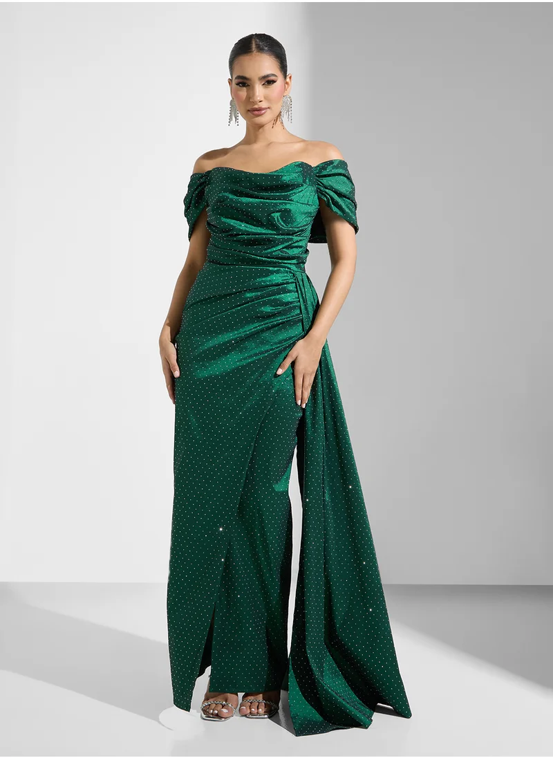 نمشي x Ruched Off Shoulder Diamante Detail Evening Dress