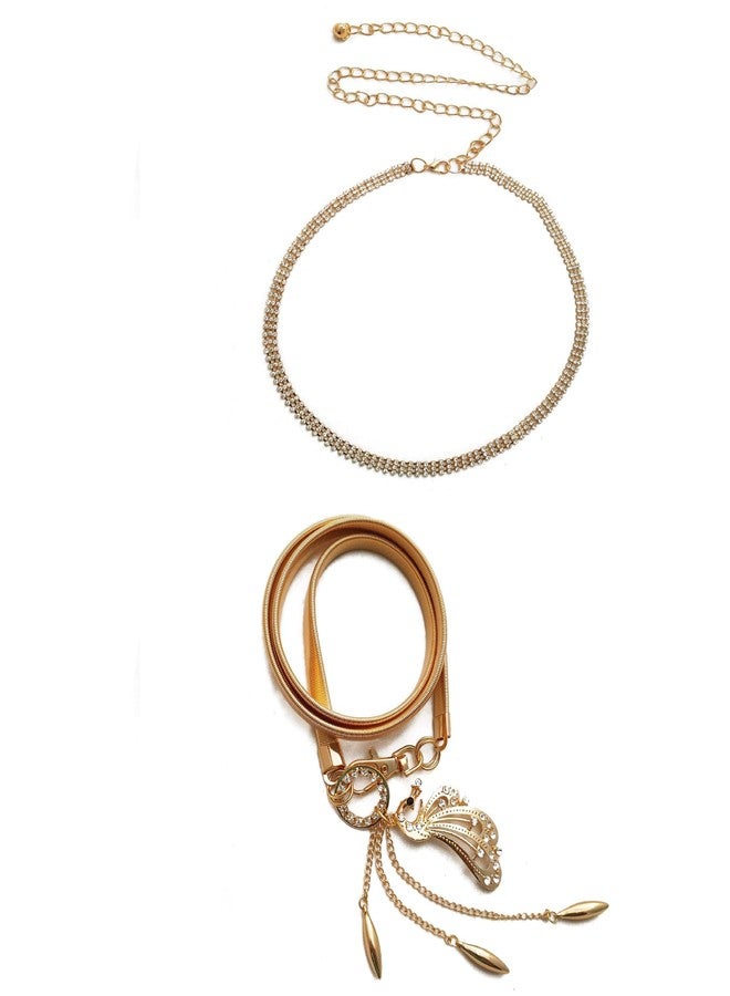 Vritraz Women And Girl Fashion Metal Stretchable Gold Plated Belly Chain Waist Belt Jewellery Gift kamarbnd Waistband MultiCrystal Peacock - Image 1