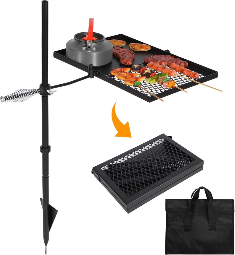 Lineslife Swivel Campfire Grill Grate and Griddle, Adjustable Fire Pit Grill Grate Over Fire Pit, Camp Fire Cooking Equipment with Carrying Bag for Outdoor Camping BBQ, Rectangle Black - Image 1