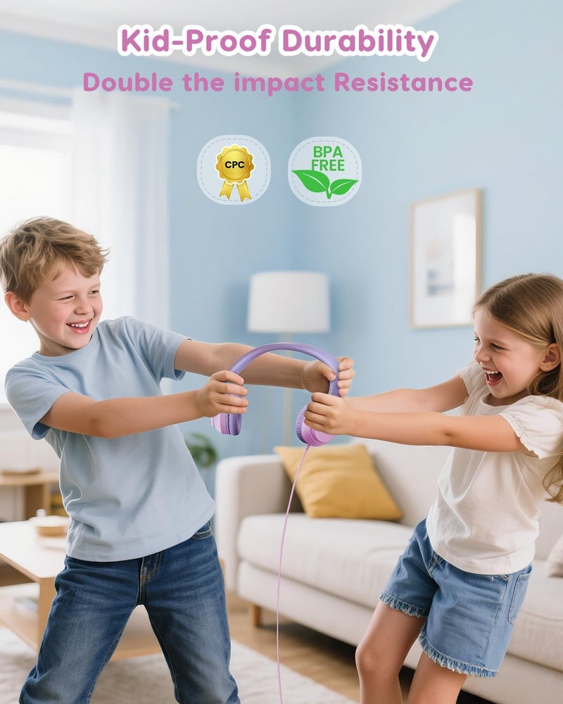 awatrue Kids Headphones, 74/85/94dB Volume Limiter, Foldable Wired Over Ear Headphones for Travel, 3.5mm Jack, Toddler Headphones for School, Chromebook, iPad, Tablet, Purple Pink - Image 3
