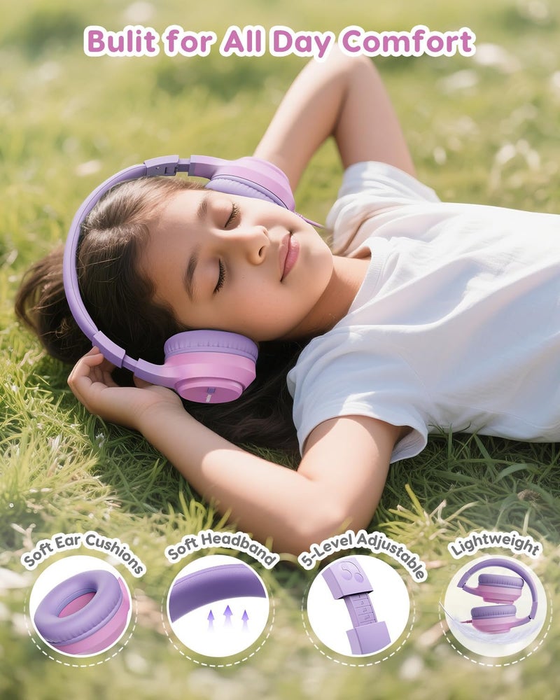 awatrue Kids Headphones, 74/85/94dB Volume Limiter, Foldable Wired Over Ear Headphones for Travel, 3.5mm Jack, Toddler Headphones for School, Chromebook, iPad, Tablet, Purple Pink - Image 5