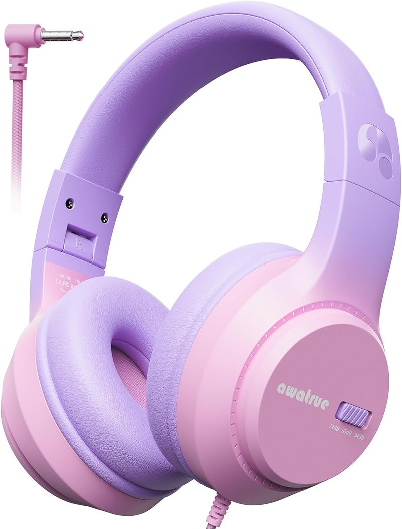 awatrue Kids Headphones, 74/85/94dB Volume Limiter, Foldable Wired Over Ear Headphones for Travel, 3.5mm Jack, Toddler Headphones for School, Chromebook, iPad, Tablet, Purple Pink - Image 1