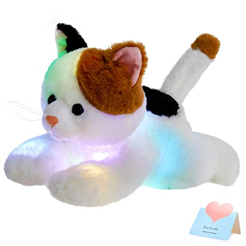 Glow Guards Light up Calico Cat Stuffed Animal LED Soft Kitty Plush Toy Pillow with Night Lights Lullaby Birthday Childrens Day Gifts for Toddler Kids 15 - Image 1