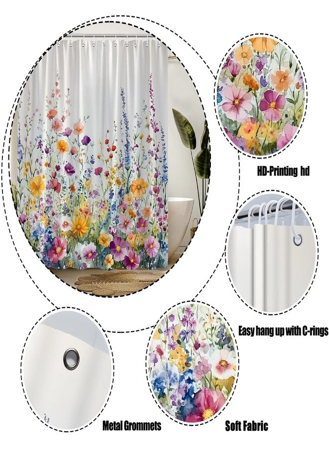 Watercolor Floral Shower Curtain Colorful Flower Botanical Rustic Spring Blossom Wildflower Plant Fabric Bathroom Decor Sets with Hooks - Image 2