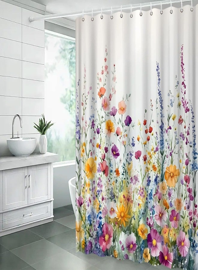 Watercolor Floral Shower Curtain Colorful Flower Botanical Rustic Spring Blossom Wildflower Plant Fabric Bathroom Decor Sets with Hooks - Image 5