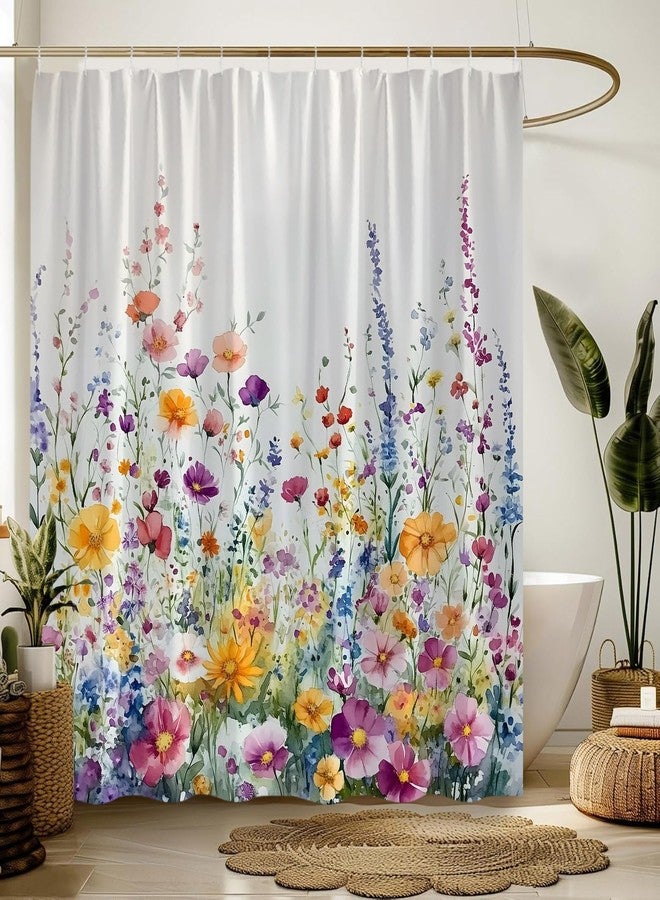 Watercolor Floral Shower Curtain Colorful Flower Botanical Rustic Spring Blossom Wildflower Plant Fabric Bathroom Decor Sets with Hooks - Image 4