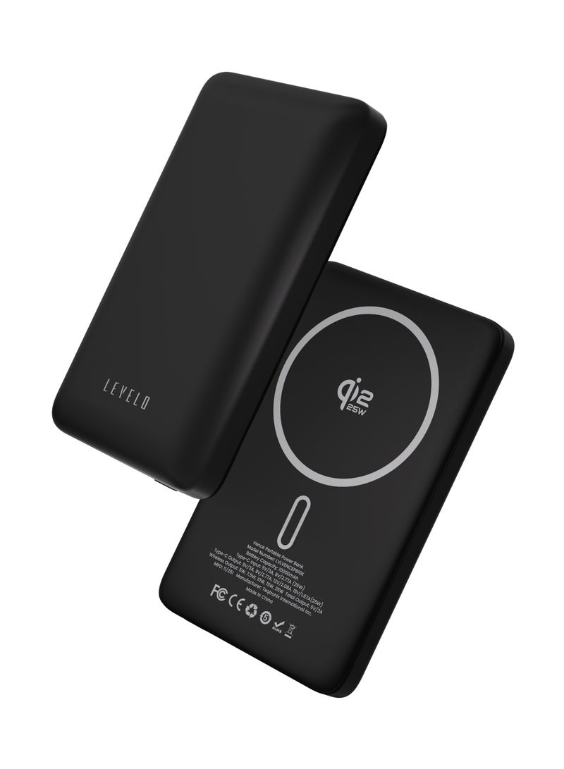 LEVELO Power Bank 10,000mAh with Qi2 Technology, Ultra-Strong Magnets, Fast Charging, Type-C Input/Output, Wireless Charging (5W-25W), Included Type-C to Type-C Cable, Compact & Portable Design – Black - Image 1