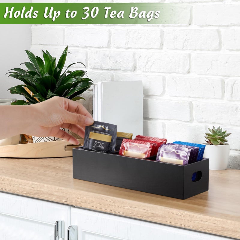 DRASTAR Tea Bag Organizer, Black Wooden Tea Bag Holder, Tea Storage Containers with 3 Slots, Sugar Packet Holder, Tea Bag Caddy Box for Countertop - Image 4