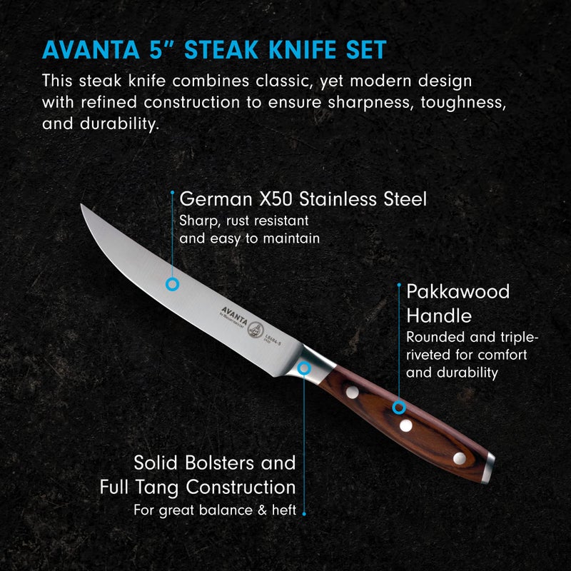 Messermeister Avanta Forged 5â€ Fine Edge Steak Knife Set - German X50 Stainless Steel - Rust Resistant & Easy to Maintain - Includes 4 Steak Knives - Image 2