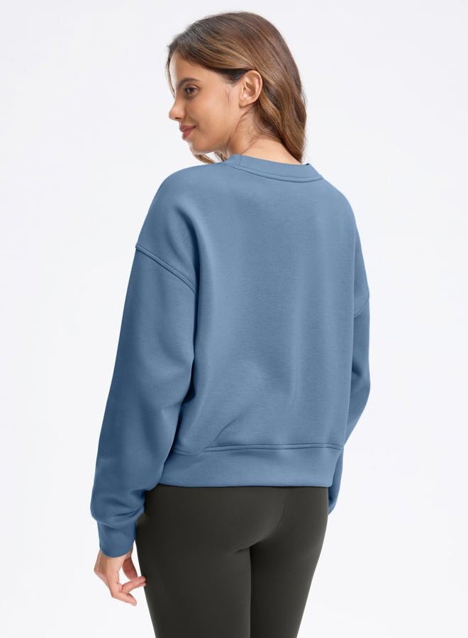 SANTINY Fleece Cropped Sweatshirts for Women Soft Crewneck Sweatshirt Pullover Long Sleeve Workout Crop Tops, Dusty Blue, S - Image 2
