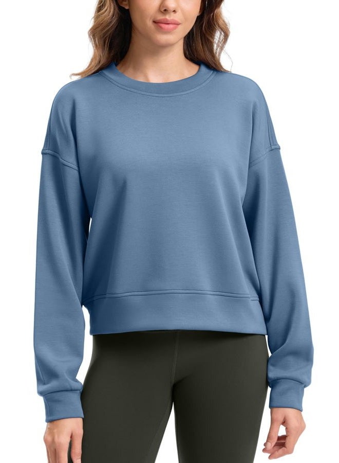 SANTINY Fleece Cropped Sweatshirts for Women Soft Crewneck Sweatshirt Pullover Long Sleeve Workout Crop Tops, Dusty Blue, S - Image 1