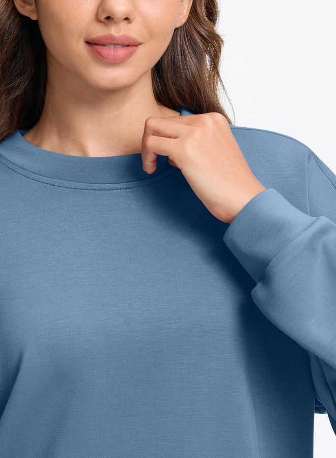 SANTINY Fleece Cropped Sweatshirts for Women Soft Crewneck Sweatshirt Pullover Long Sleeve Workout Crop Tops, Dusty Blue, S - Image 4
