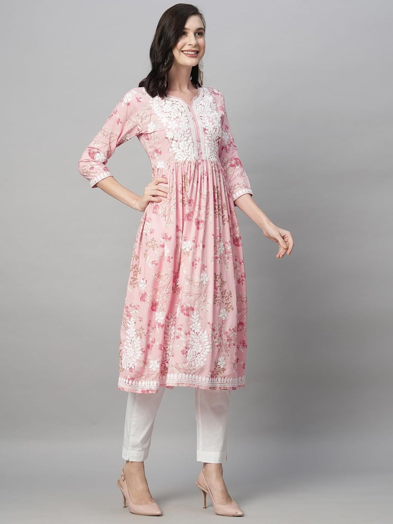RATAN Women's Rayon Printed Regular Fit Anarkali Lucknowi Chikankari Ethnic Wear Kurta(Bla-Pink-Xl) - Image 5