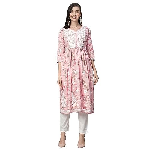 RATAN Women's Rayon Printed Regular Fit Anarkali Lucknowi Chikankari Ethnic Wear Kurta(Bla-Pink-Xl) - Image 1