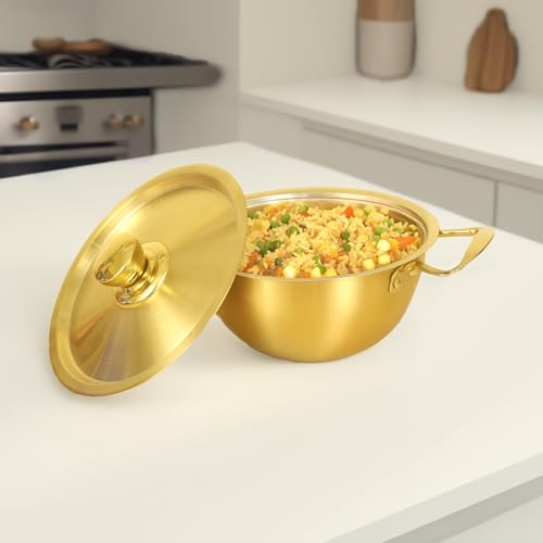Spillbox Stainless Steel Gold Coated Serving Bowl with Lid|Cookware| Kitchen Utensil|Mixing Bowls|PVD Coated Bowl|Dinnerware|Resistant Cooking & Serving Pot (Small) - Image 4